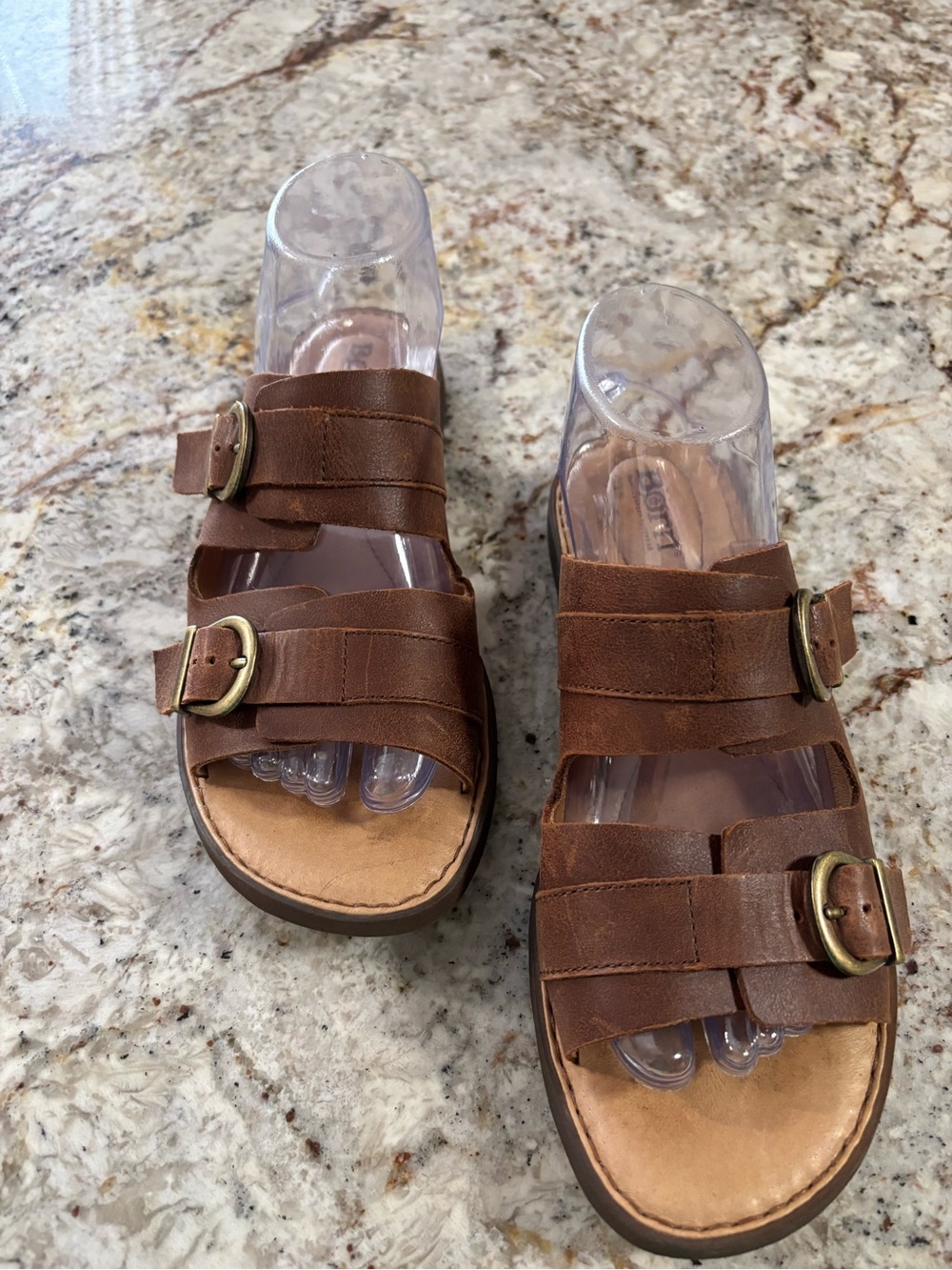 Born Brown Leather Double-Buckle Slide Sandals